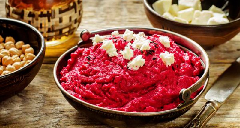 Beet hummus with goat cheese